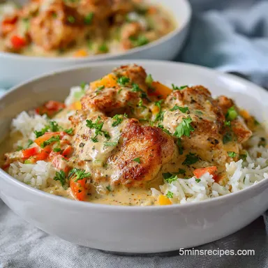 Smothered Chicken and Rice with Creamy Sauce Recipe Card