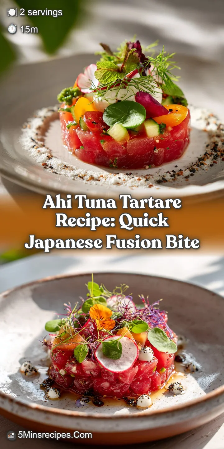 Close-up shot showcasing the fresh tuna tartare. See the glistening fish, creamy avocado texture and crispy wonton chip de...