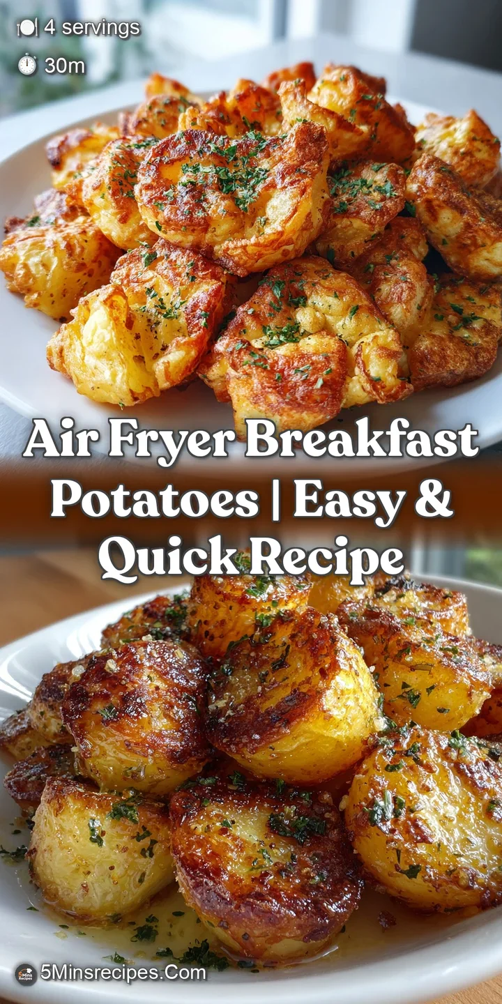 Close-up of hot, glistening air fryer breakfast potatoes with visible seasoning, showing crispy edges and fluffy interiors...
