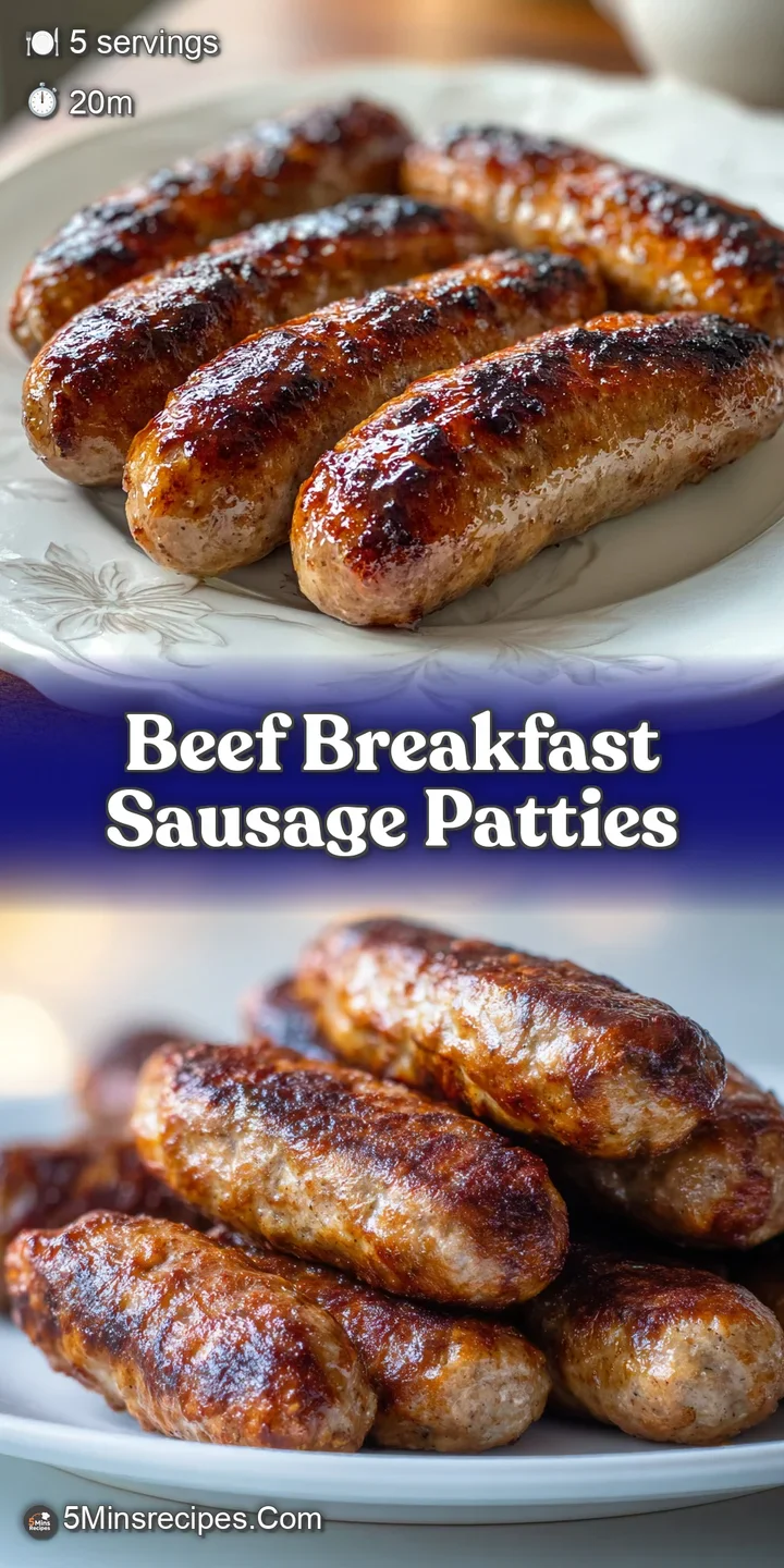 Close-up of a perfectly browned breakfast sausage patty, showing herbs and spices, glistening with rendered fat. Savory an...