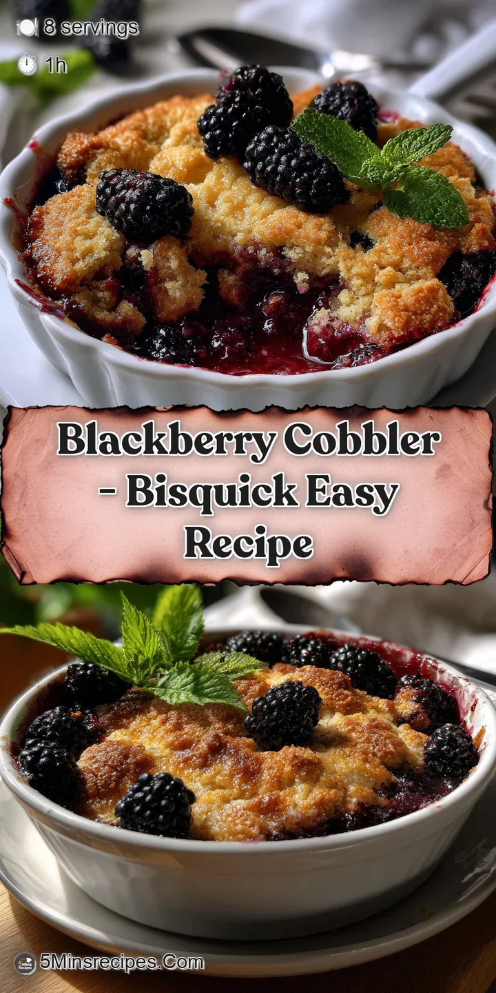 Close-up of blackberry cobbler; glossy, dark purple berries bursting from beneath a warm, golden, and flaky Bisquick crust...