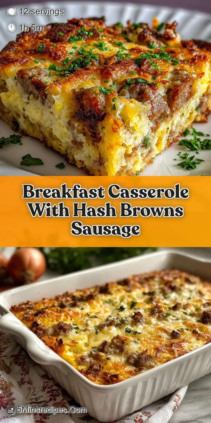Close-up of a breakfast casserole reveals the flaky texture of the hash browns and the juicy, seasoned sausage under a bla...