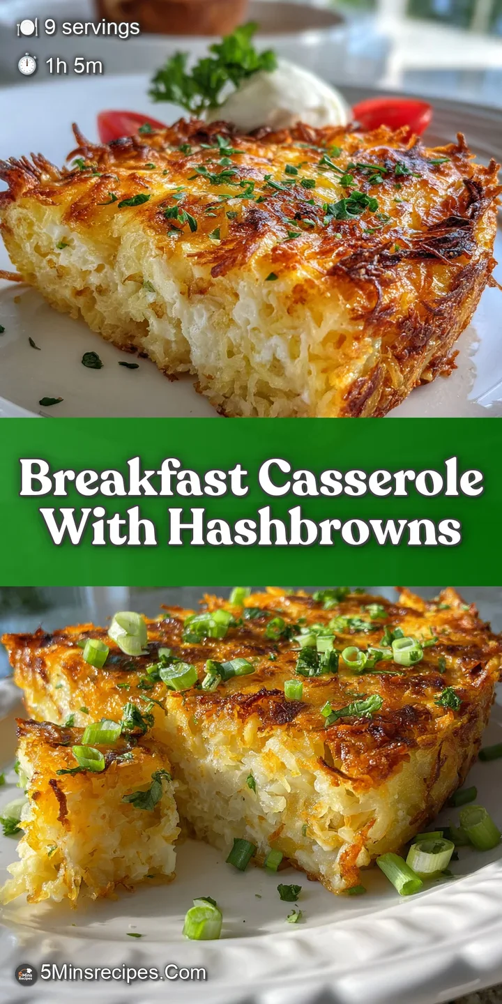 Close-up of a cheesy breakfast casserole showing the texture of the browned hashbrowns and the rich, creamy interior with ...