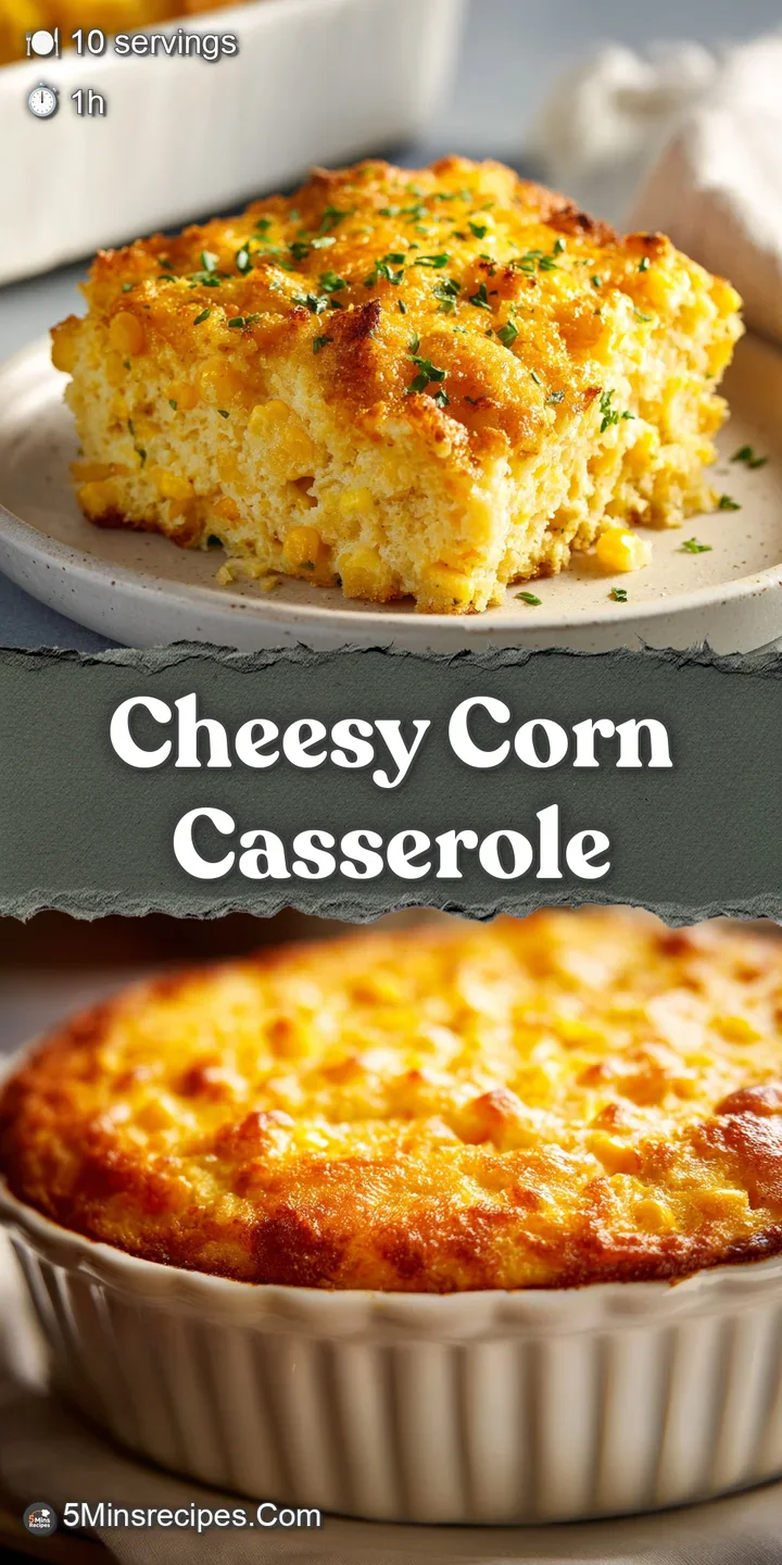 Close-up shows the creamy texture of the corn casserole, dotted with melted cheese and flecks of green herbs. Mouthwaterin...