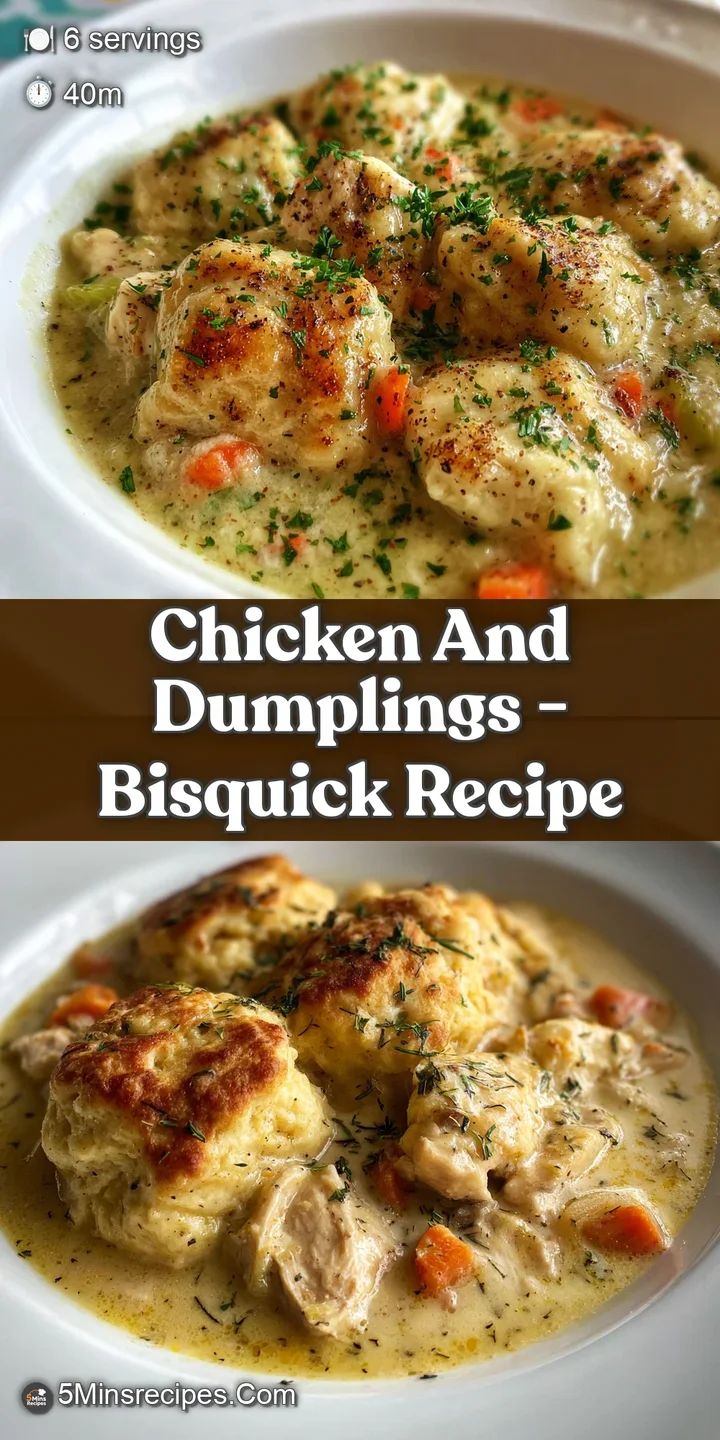 Close-up of tender chicken and fluffy dumplings in a rich, creamy broth. Steam rises, promising a comforting, warm meal.