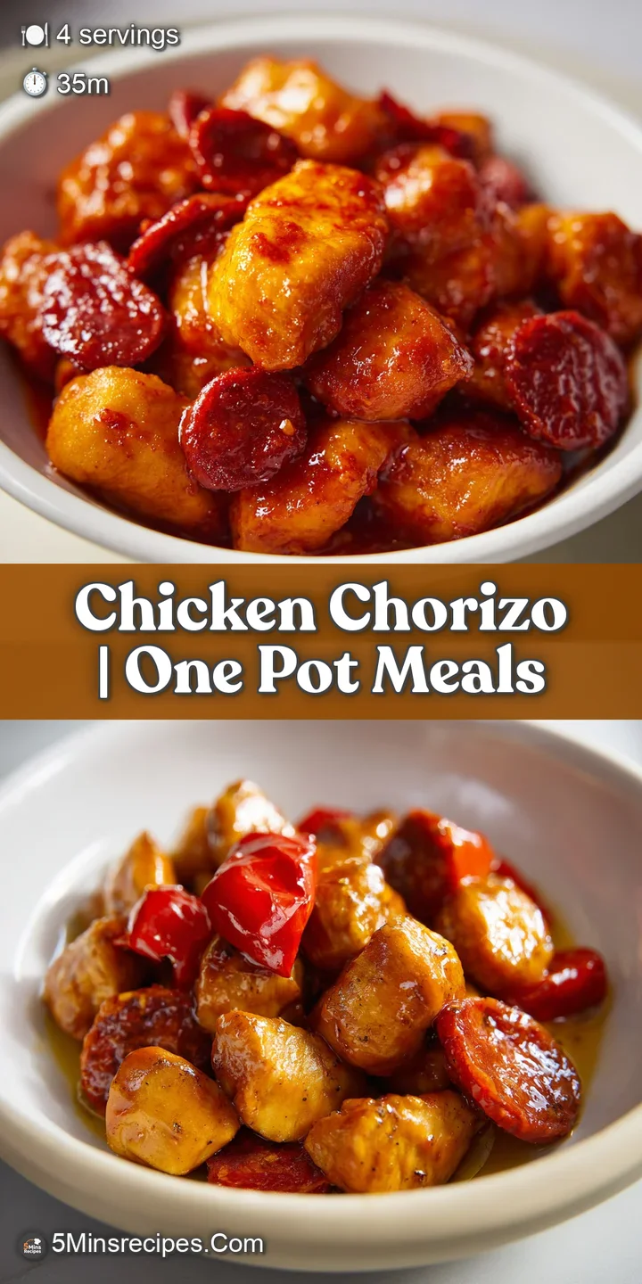 Close-up of tender chicken and charred chorizo slices glistening in a rich, paprika-infused red sauce.