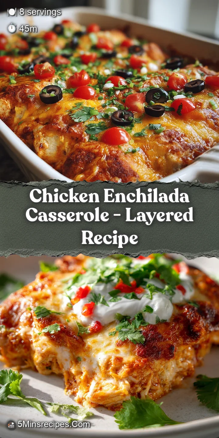 Close-up of a cheesy enchilada casserole revealing layers of chicken and sauce. Hints of warm spices and savory aromas ema...