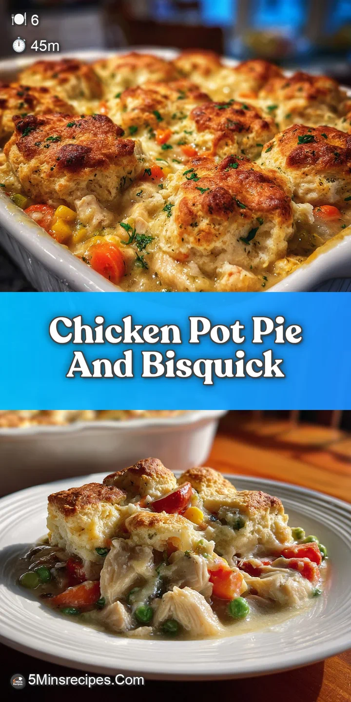 Close-up reveals a rich, creamy chicken pot pie filling beneath a buttery, golden-brown Bisquick biscuit crust.