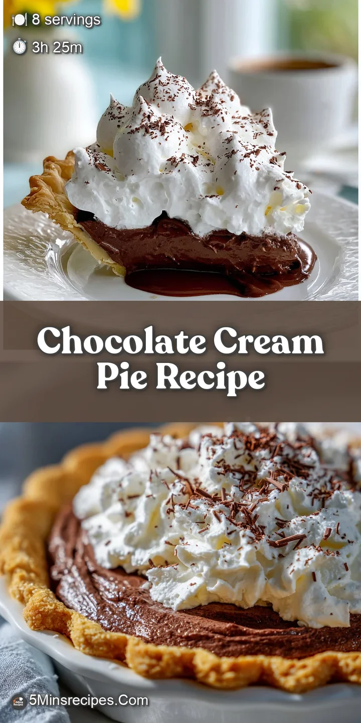 Close-up of chocolate pie: Silky smooth, dark chocolate filling rising from a crisp crust with airy whipped cream peaks.