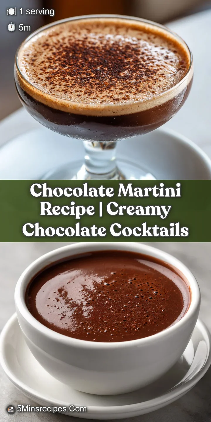 Close-up of a rich chocolate martini with a frothy top, showcasing the creamy texture and dusting of cocoa powder.