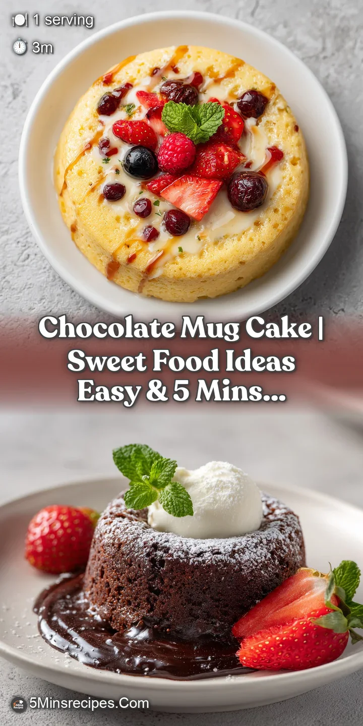 Close-up of a molten chocolate mug cake, its rich brown interior oozing slightly, crowned with a sprinkle of cocoa powder.