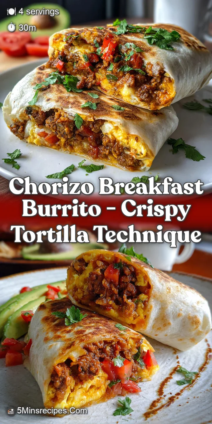 Close-up of a sizzling, freshly made chorizo breakfast burrito. Steam rises from the tender tortilla, hinting at the warm,...
