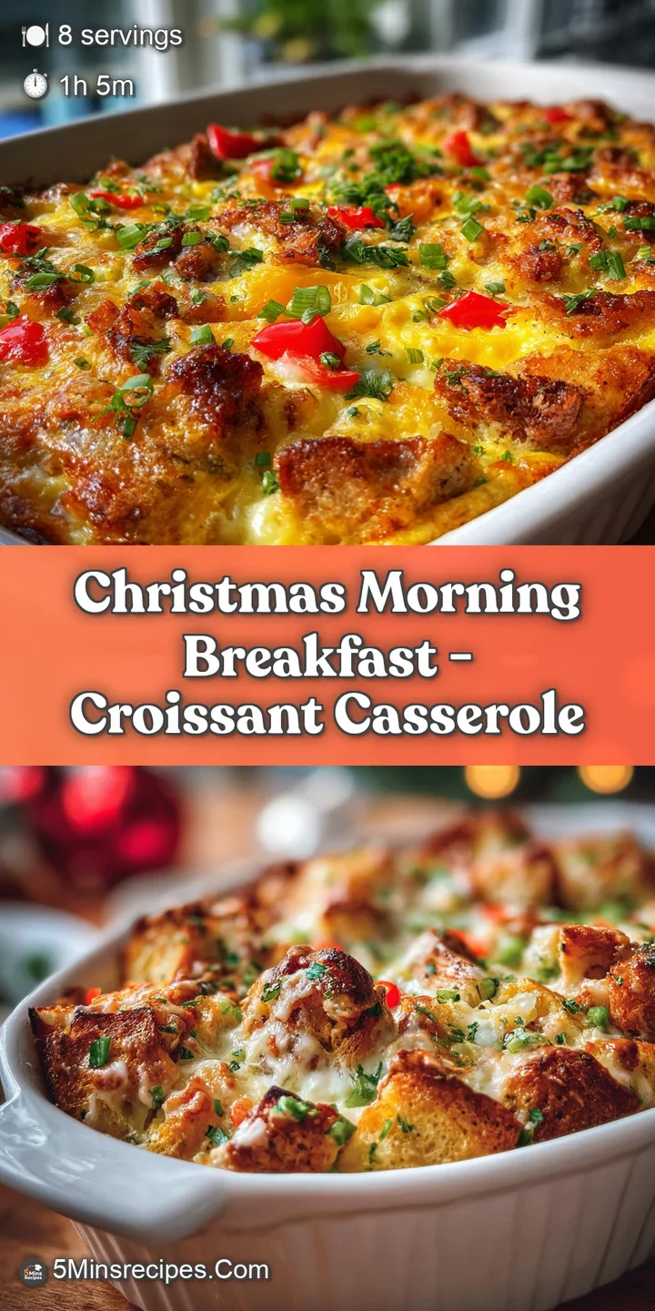 Close-up of warm croissant casserole showing flaky layers and a custard-soaked interior, promising a delightful Christmas ...