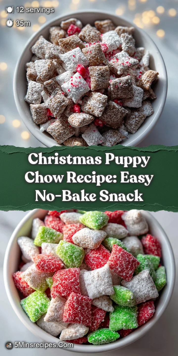 Close-up of Christmas puppy chow. Irregular textures of cereal and candies, coated in a thick layer of white powdered sugar.