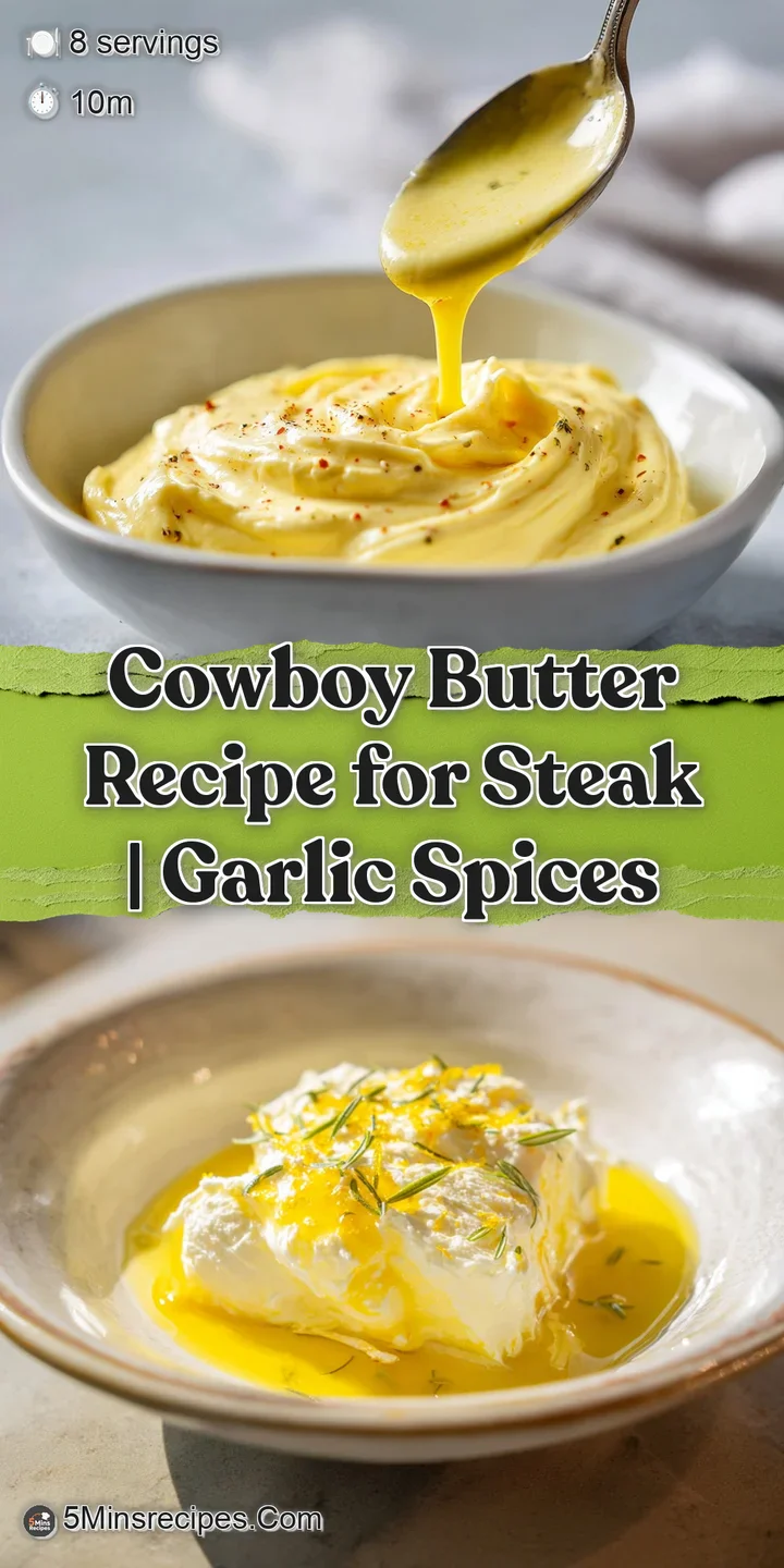 Close-up of Cowboy Butter melting over a juicy steak, studded with herbs, garlic, and flakes of spicy red pepper. Rich and...