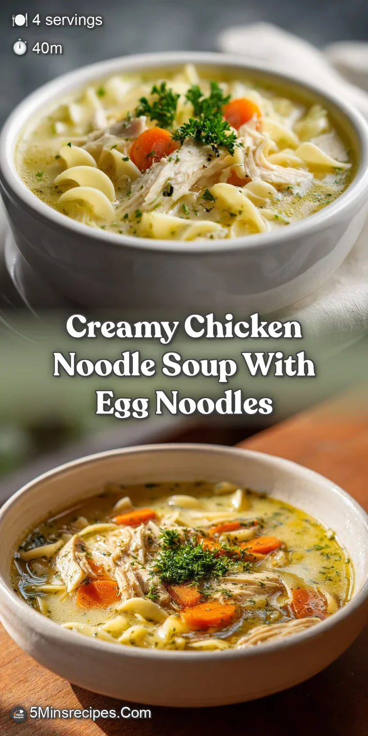 Close-up of rich, yellow chicken noodle soup. Tender chicken pieces and soft noodles swim in a luscious, opaque broth.