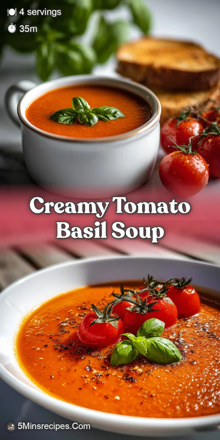 Close-up of thick, rich tomato soup with flecks of basil. The creamy texture and vibrant color create a tempting image.