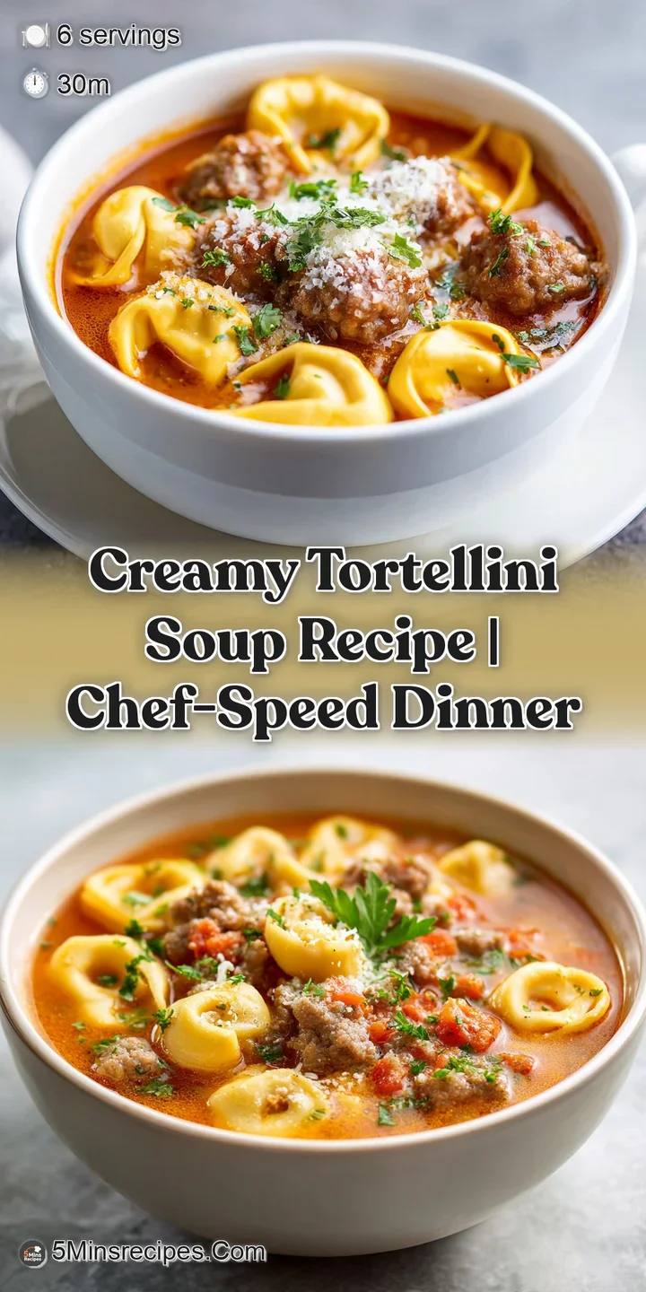 Close-up of tender cheese tortellini and savory sausage swimming in a rich, creamy broth. A comforting meal.