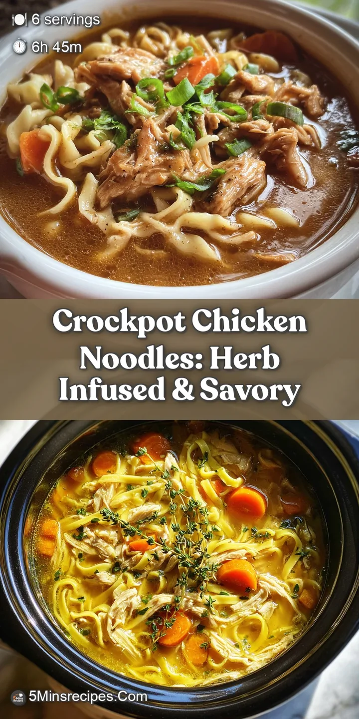 Close-up of thick, savory chicken noodle soup with tender chicken, soft noodles and bright bits of carrots and herbs.