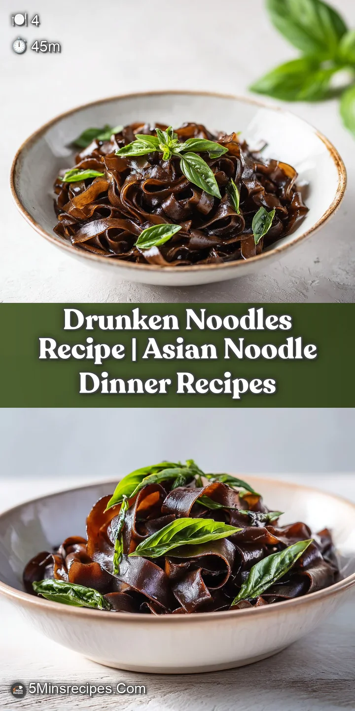 Close-up of glistening, savory brown noodles entwined with charred vegetables and aromatic green basil leaves.
