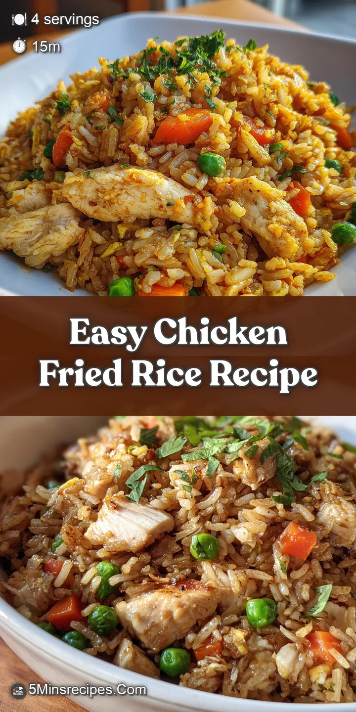 Close-up of chicken fried rice showing tender chicken, bright veggies, and glistening rice grains; appetizing and flavorful.