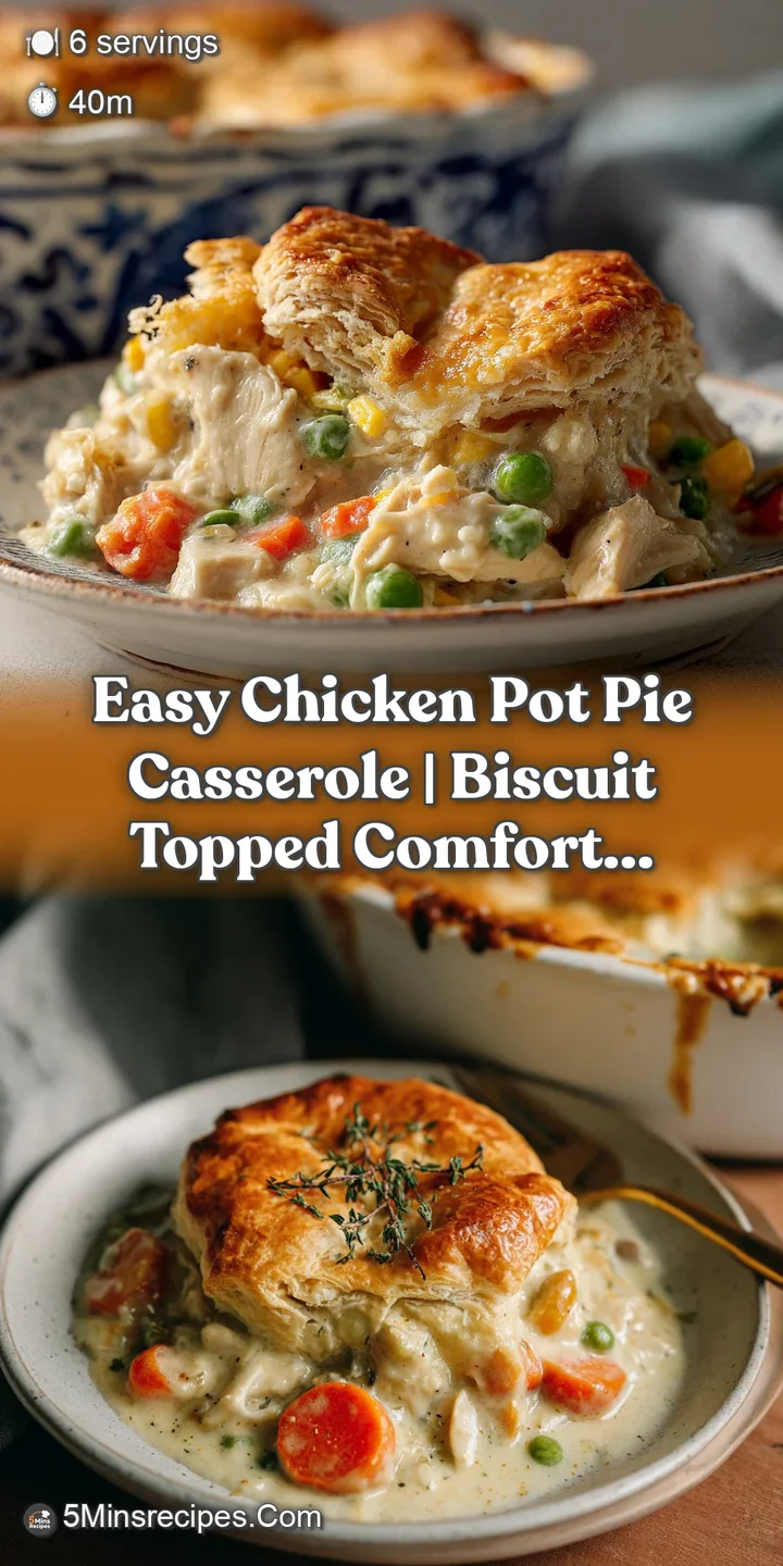 Close-up of a biscuit-topped chicken pot pie casserole reveals a creamy, savory filling with golden crust edges.