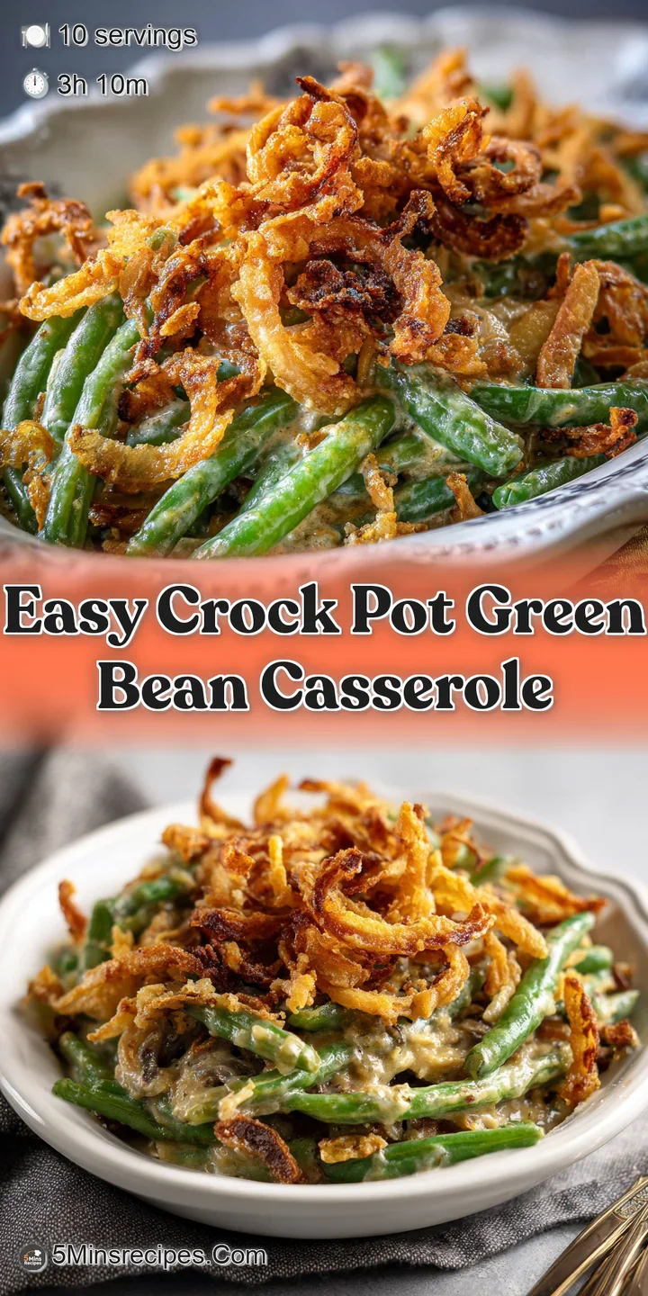 Close-up of a creamy green bean casserole, showing the golden crispy fried onion topping and tender green beans, looking i...