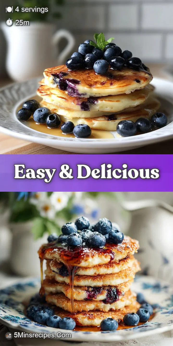 Close-up of soft blueberry pancakes with juicy blueberries bursting. Visible steam evokes a warm, comforting breakfast.