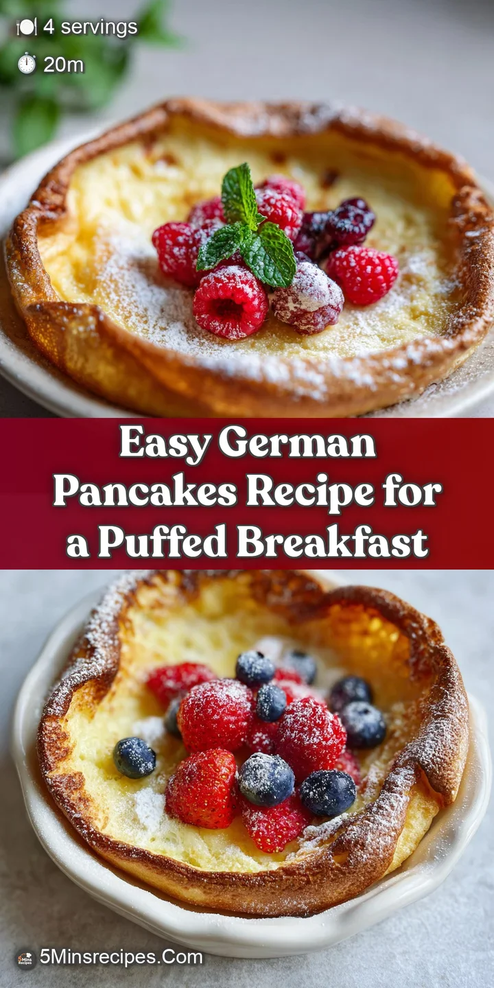 Close-up of a warm German pancake; eggy, puffed edges with caramelized spots, sprinkled with fine powdered sugar.