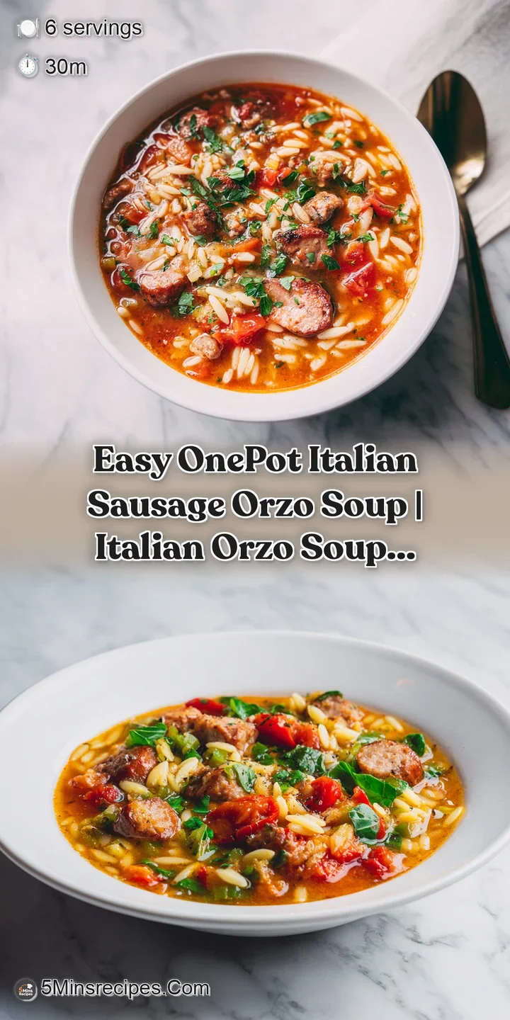 Close-up of plump orzo pasta and savory sausage swimming in a flavorful tomato broth, flecked with green herbs and spice.