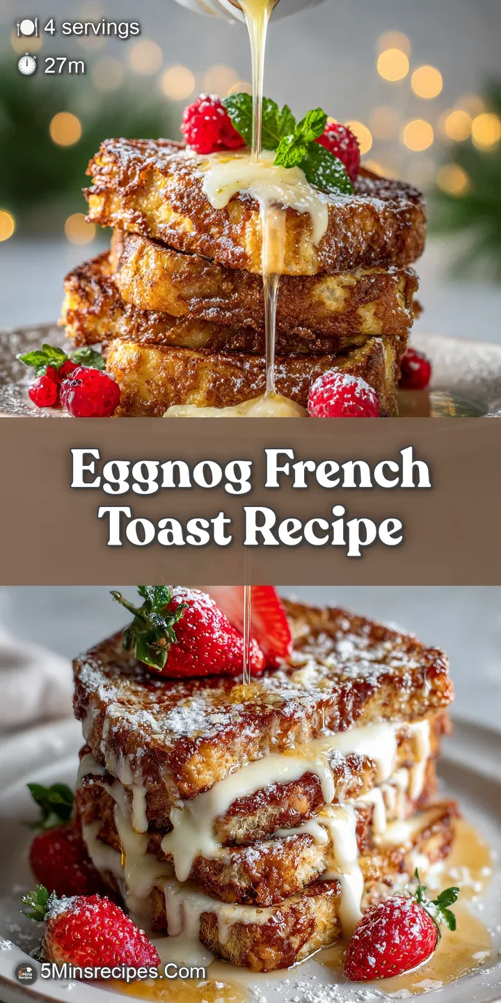 Close-up of eggnog French toast with visible egg-soaked bread texture, a drizzle of syrup, and a scattering of powdered su...