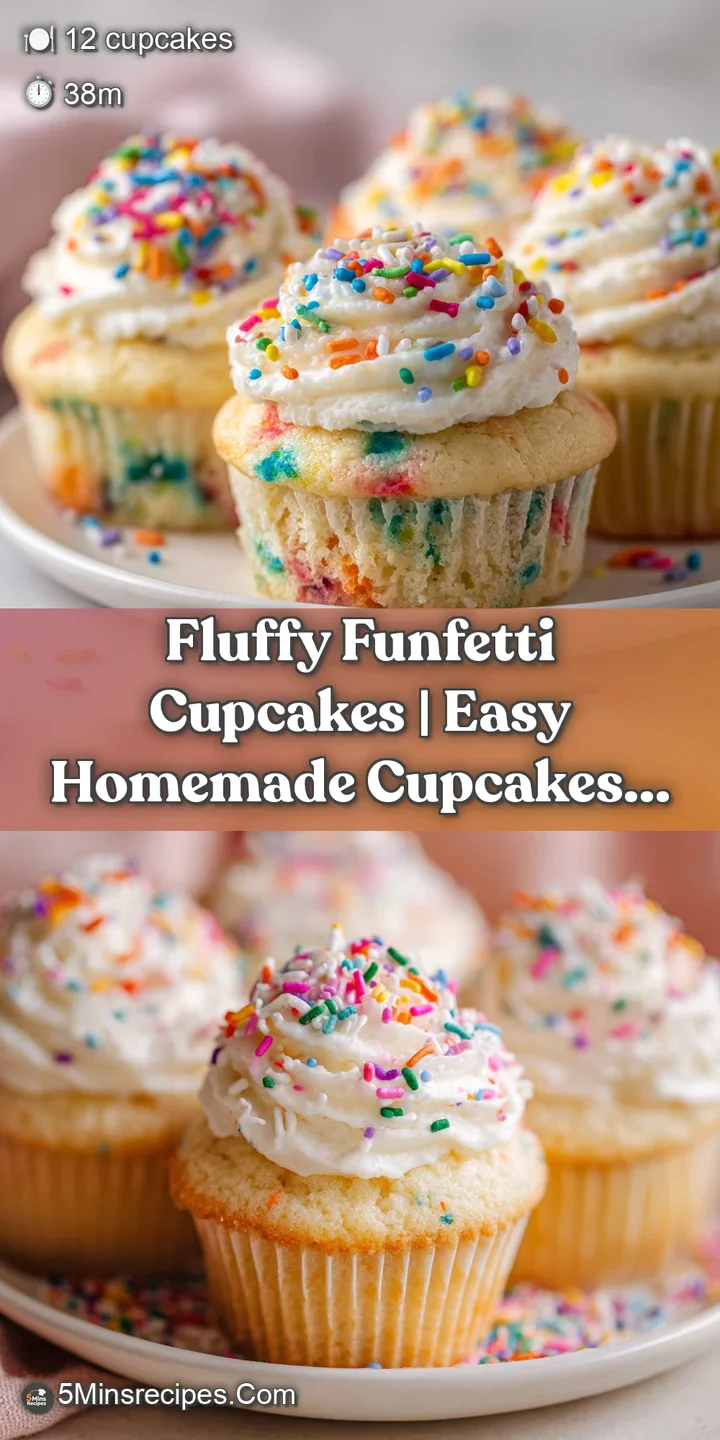 Close-up of a funfetti cupcake, revealing soft yellow cake studded with rainbow sprinkles, topped with a dollop of white f...