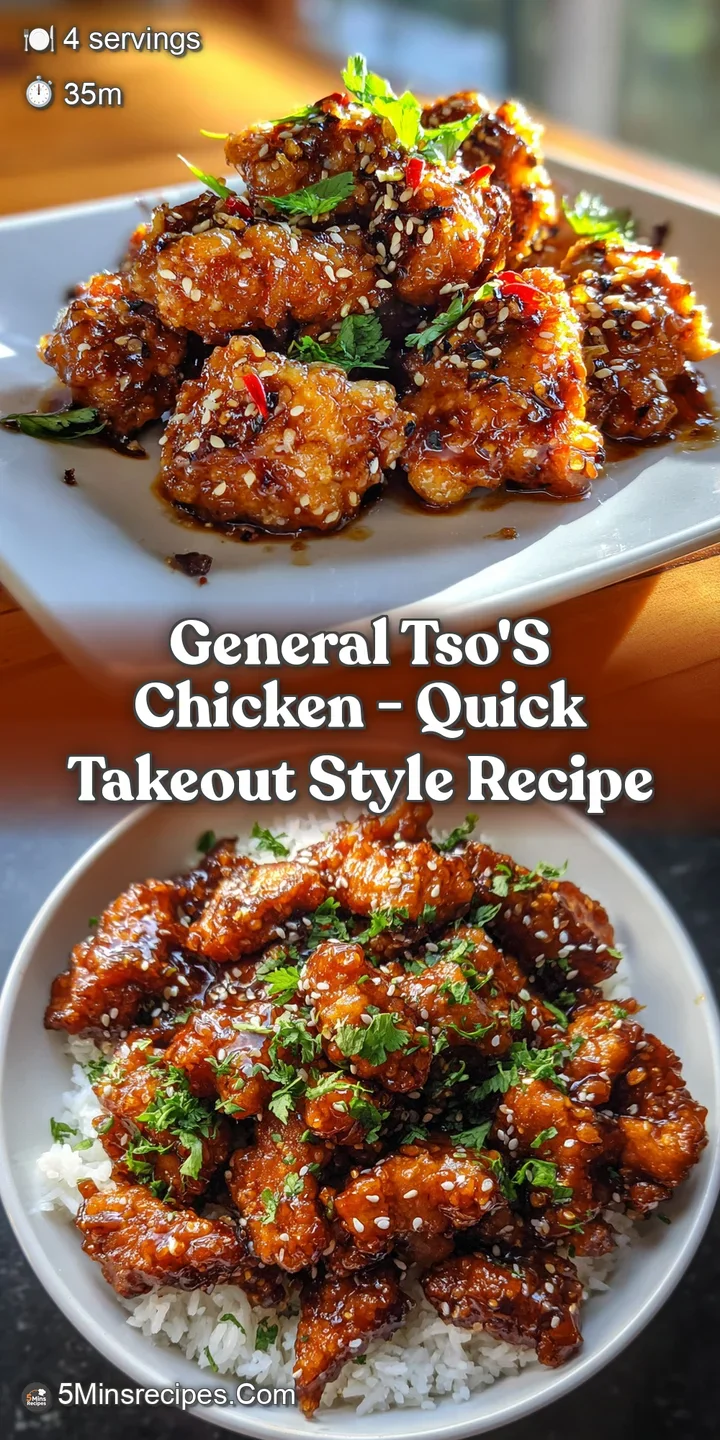 Close-up shows the sticky, caramelized texture of General Tso's chicken, glistening with sauce and topped with sesame seeds.