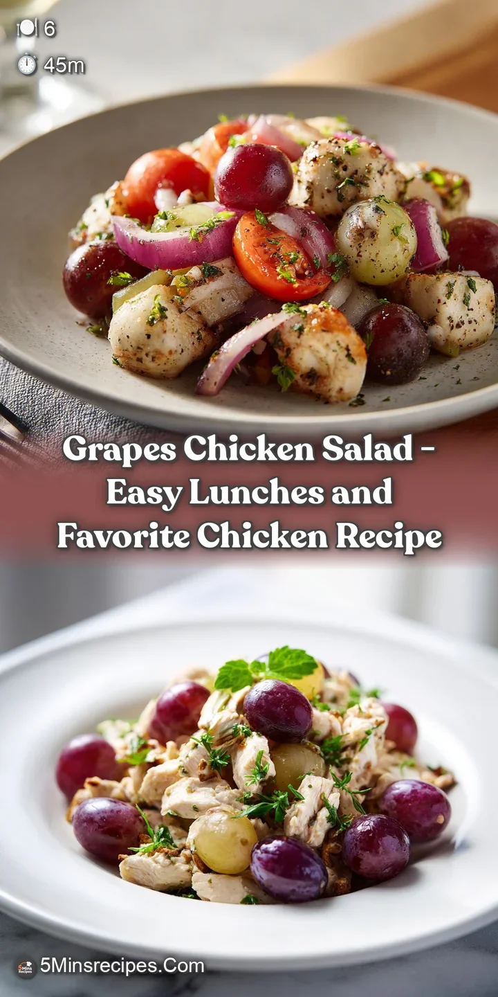 Close-up of tender chicken shreds and glistening, sweet grapes mixed in a rich, creamy dressing.