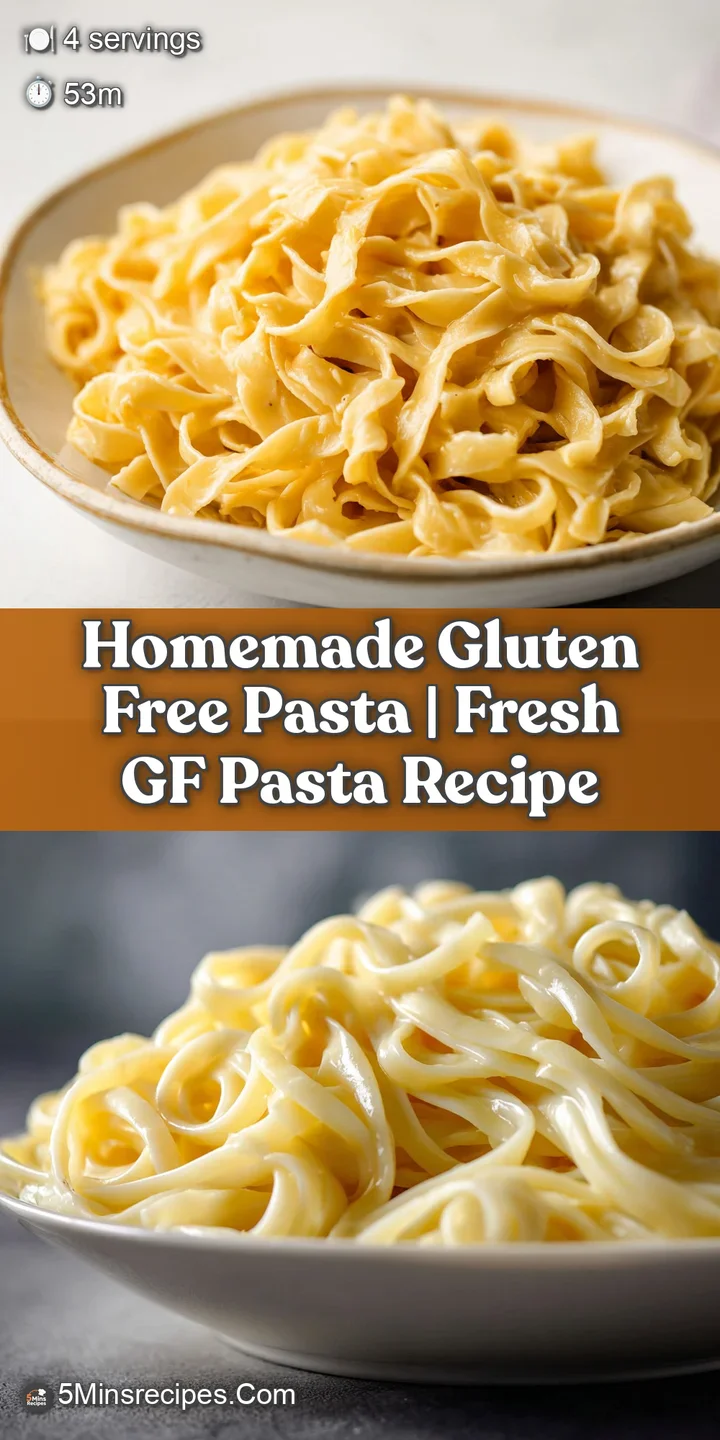 Close-up of perfectly cooked gluten-free pasta showing its delicate texture, coated in rich sauce. Steam gently rising fro...