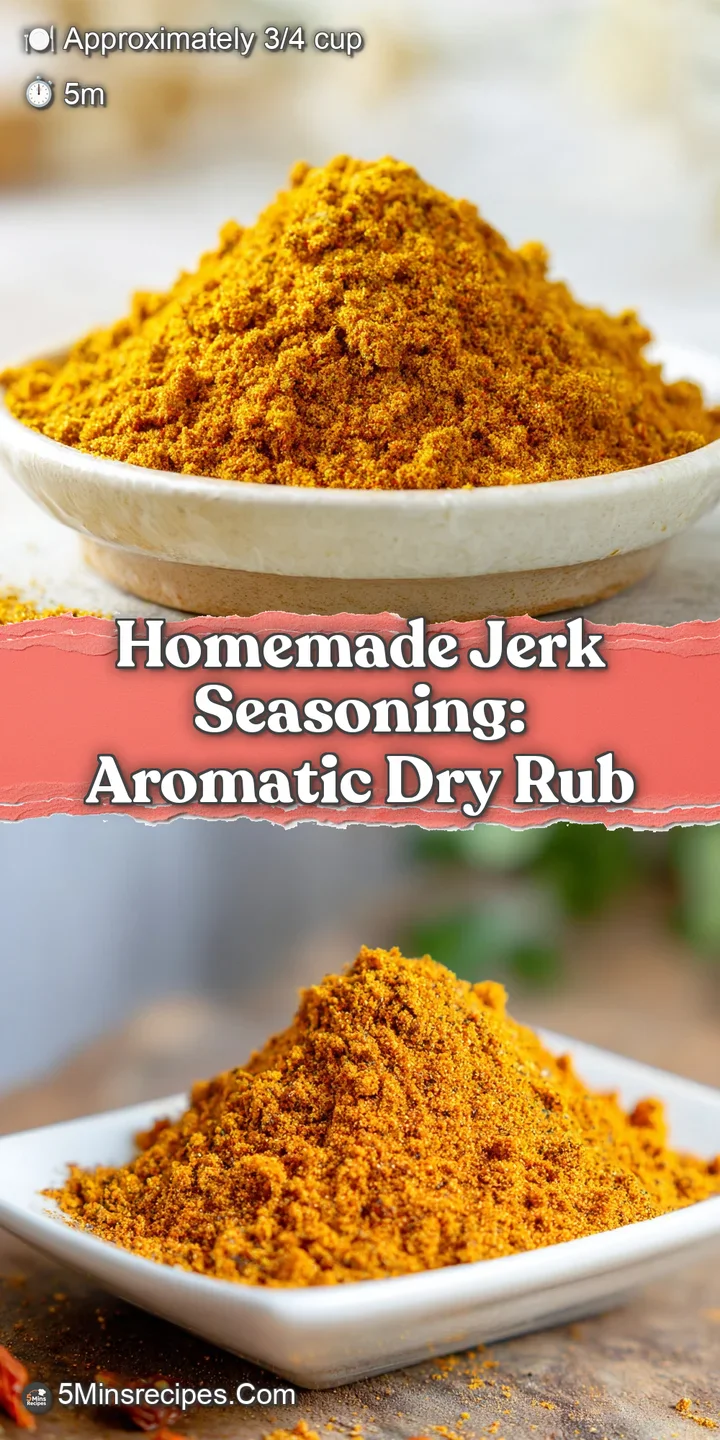 Close-up shows a coarse, textured jerk spice blend; shades of brown, red, and green hinting at its smoky, spicy depth.