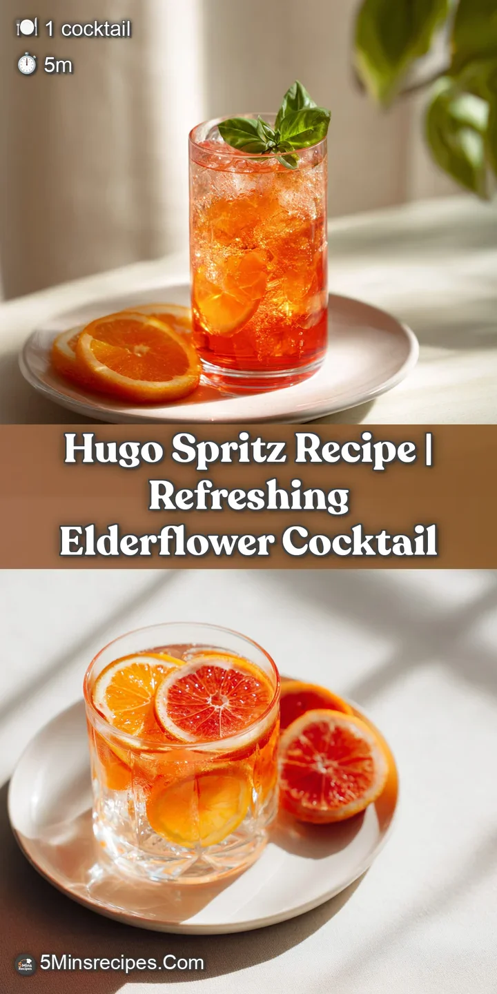 Close-up of a refreshing Hugo Spritz, ice glistening, showcasing the pale orange hue and condensation on the glass's surface.