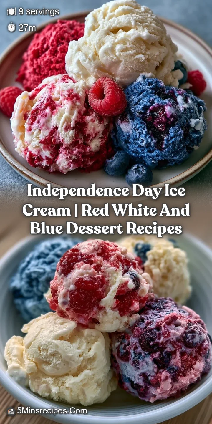 Close-up of creamy red and blue ice cream ripples with frosty crystals and a glossy drizzle of fruit syrup.