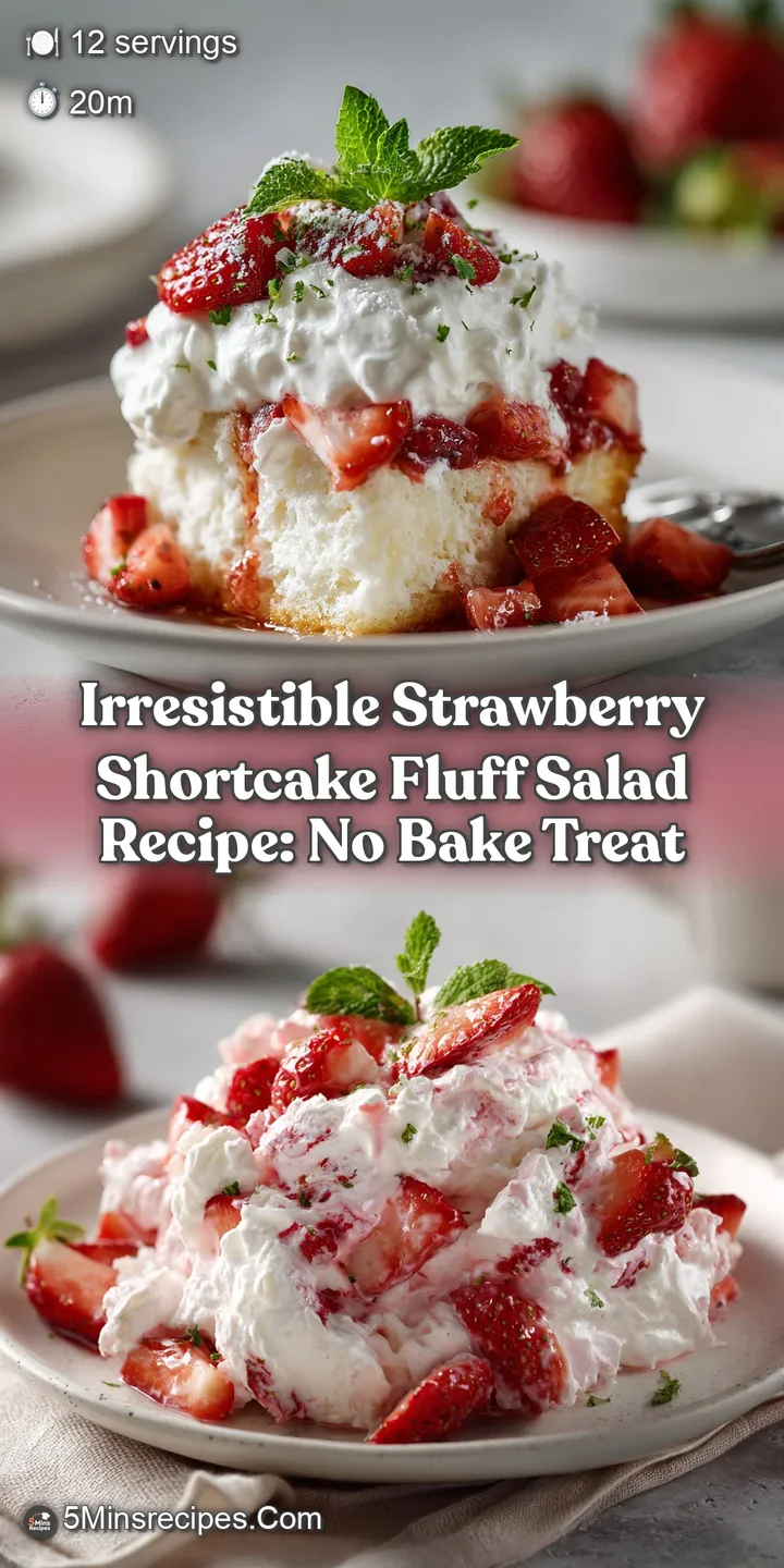 Close-up of a creamy, pink strawberry salad. Visible textures of whipped cream, diced strawberries, and marshmallow pieces.