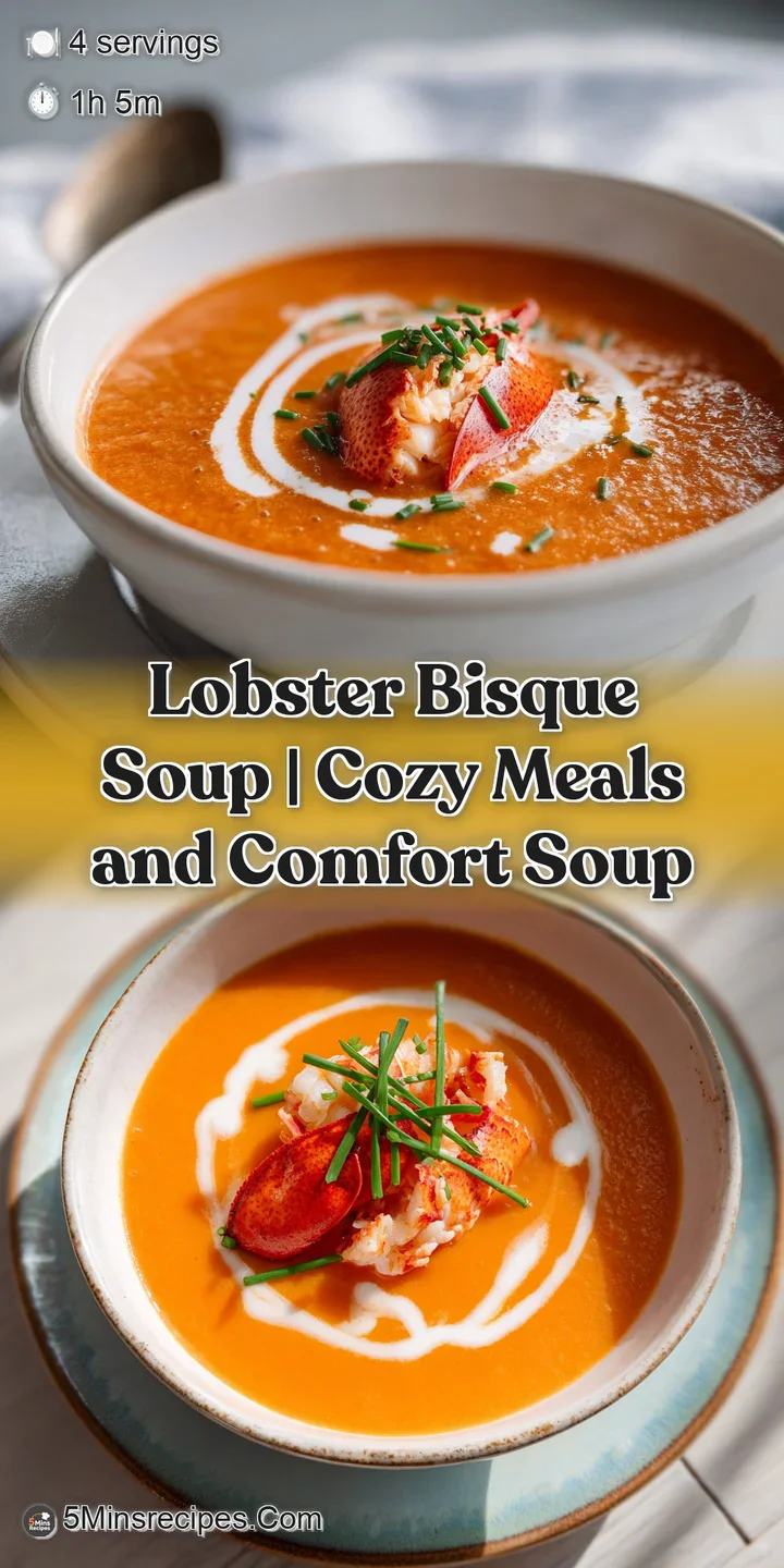 Extreme close-up of smooth, steaming orange bisque with a dollop of cream and tender pieces of red lobster meat.