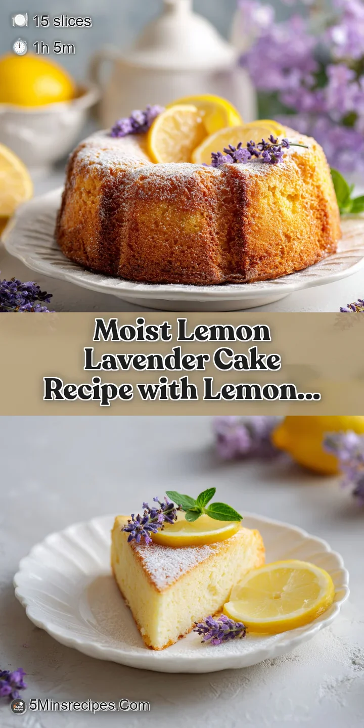 Close-up reveals the soft, moist crumb of a lemon lavender cake. Glaze shimmers with tiny lavender buds. Irresistibly deli...