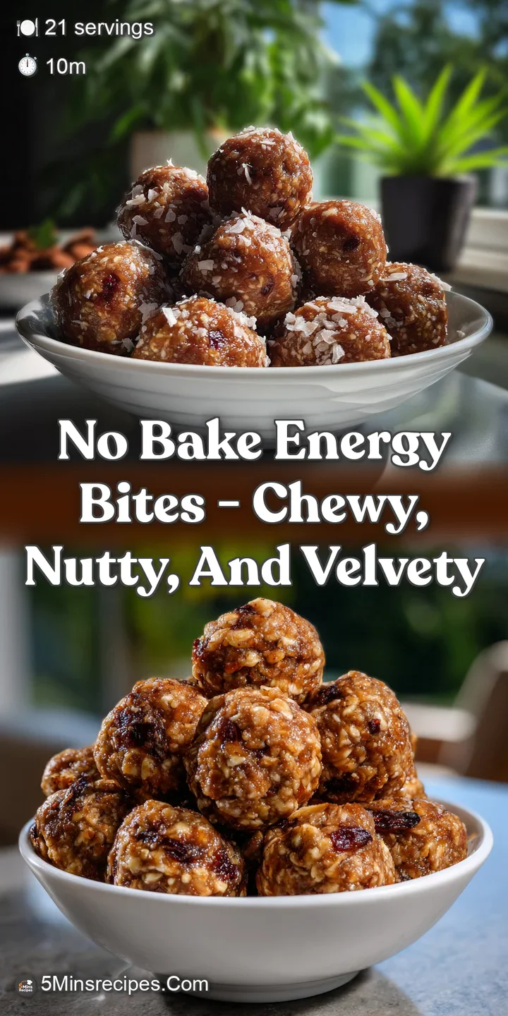 Close-up of a single, glistening energy bite revealing a rich, dark brown interior speckled with visible oats and other in...