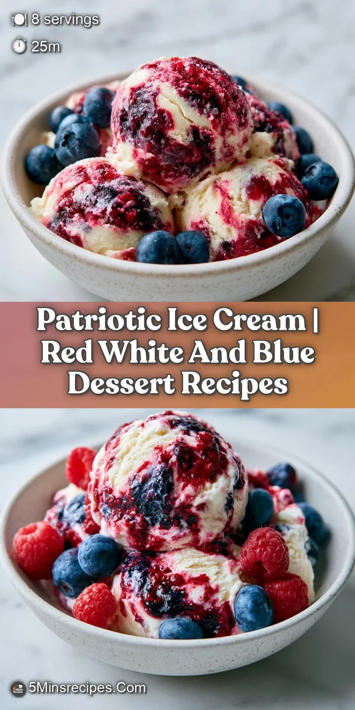 Macro shot of creamy red, white, and blue swirls with glistening frost and a soft, velvety frozen texture.