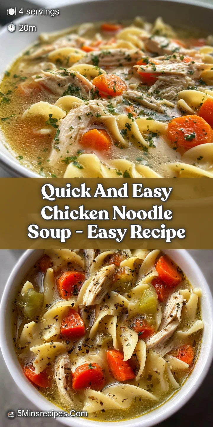 Close-up of tender chicken, plump noodles, and colorful veggies swimming in a rich, aromatic broth. Inviting and warm.