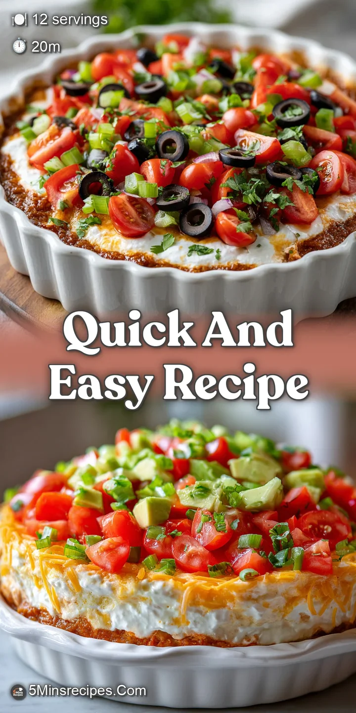 Close-up of a 7-layer dip showing the smooth texture of guacamole and beans, topped with vibrant red tomatoes and green on...