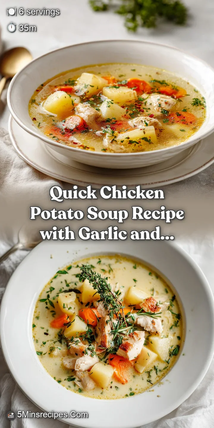 Close-up of steaming chicken potato soup, showcasing tender chicken, soft potatoes, and glistening broth. Garlic aroma is ...