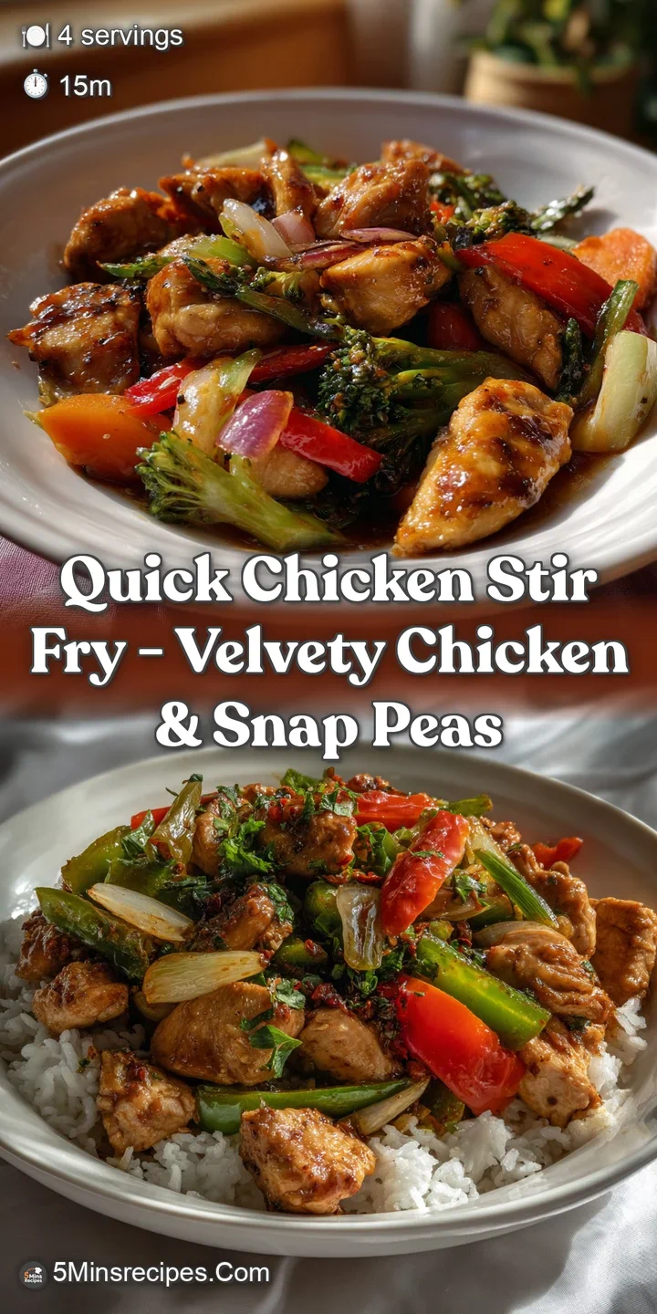 Close-up of the stir-fry, showcasing tender chicken pieces and perfectly cooked, vibrant vegetables. The sauce glistens in...
