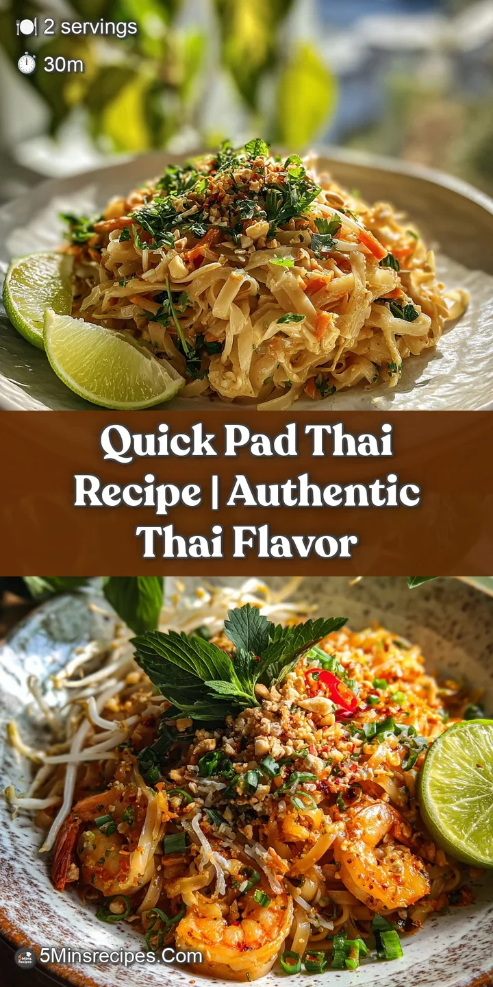 Close-up reveals glistening Pad Thai noodles, succulent shrimp, bright bean sprouts, and crunchy peanuts. A burst of fres...