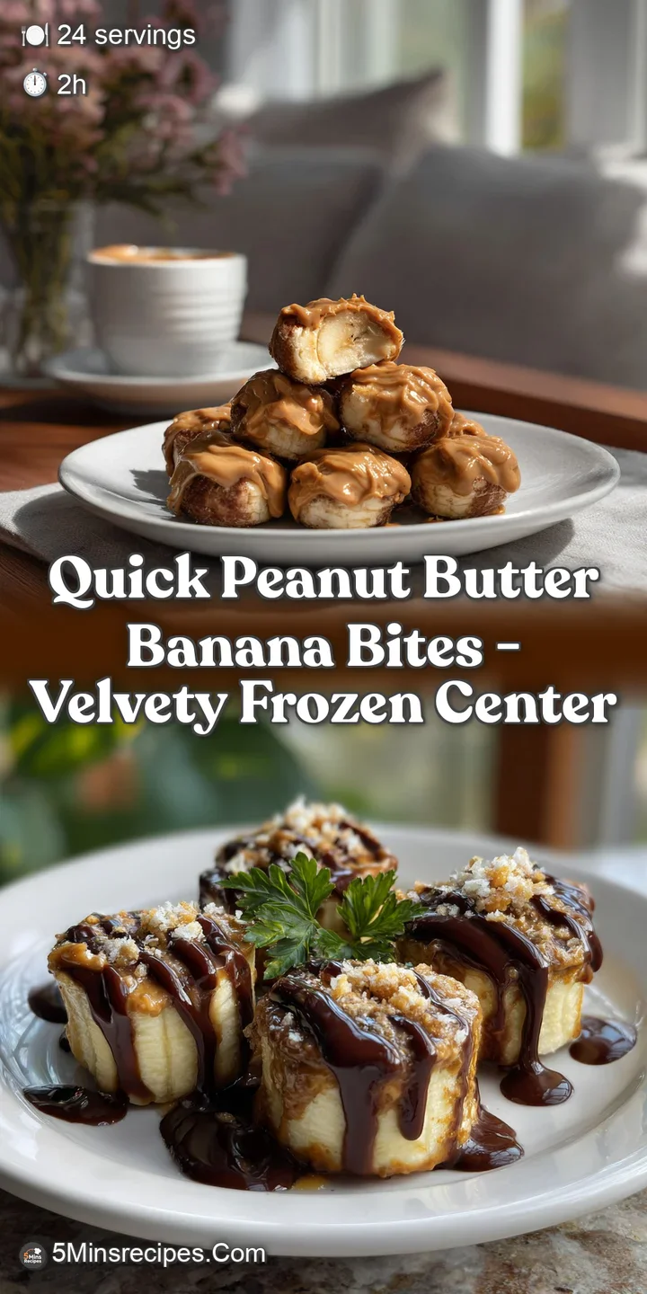 Close-up of a dark chocolate-covered peanut butter banana bite. Creamy peanut butter filling, ripe banana, and glossy dark...