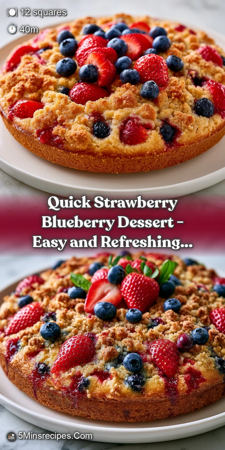 Close-up of juicy, bursting blueberries and sliced strawberries nestled in a warm, buttery, golden-brown crumble
